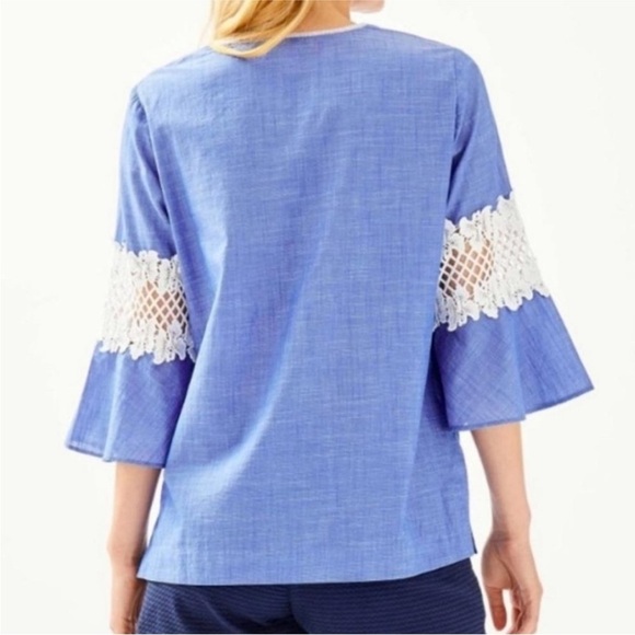 Lilly Pulitzer Amelia Island Flounce Sleeve Top Coastal Blue Lace Accent Size L - Picture 3 of 13
